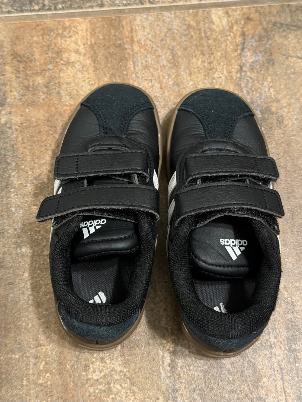 adidas 10K Kids Black Velcro Strap Sneakers  White Accents suede toe and heel